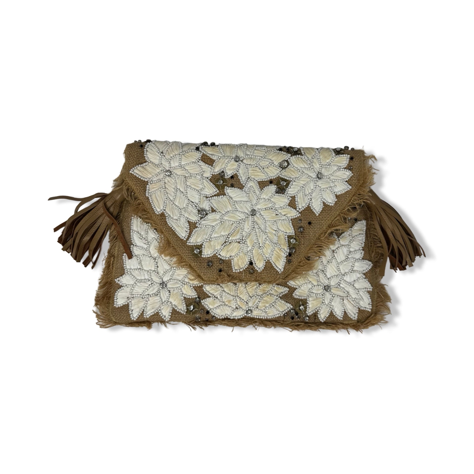 ibBan Beaded Floral Burlap Clutch