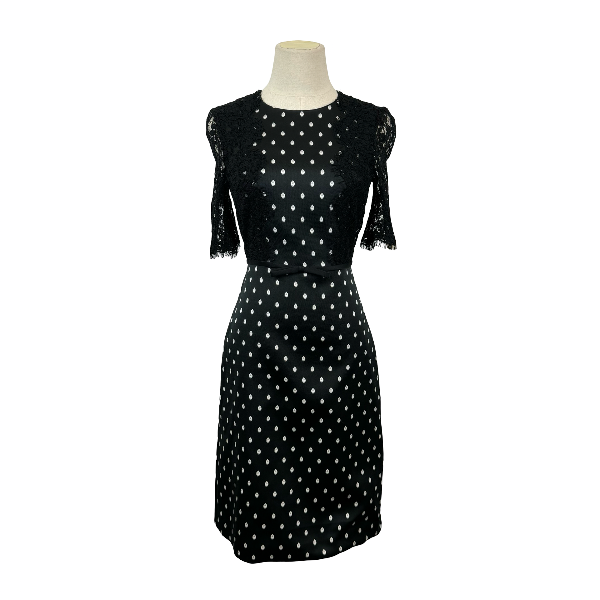 Giambattista Valli Black and White Polka Dot Embroidered Midi Dress with Lace Sleeves