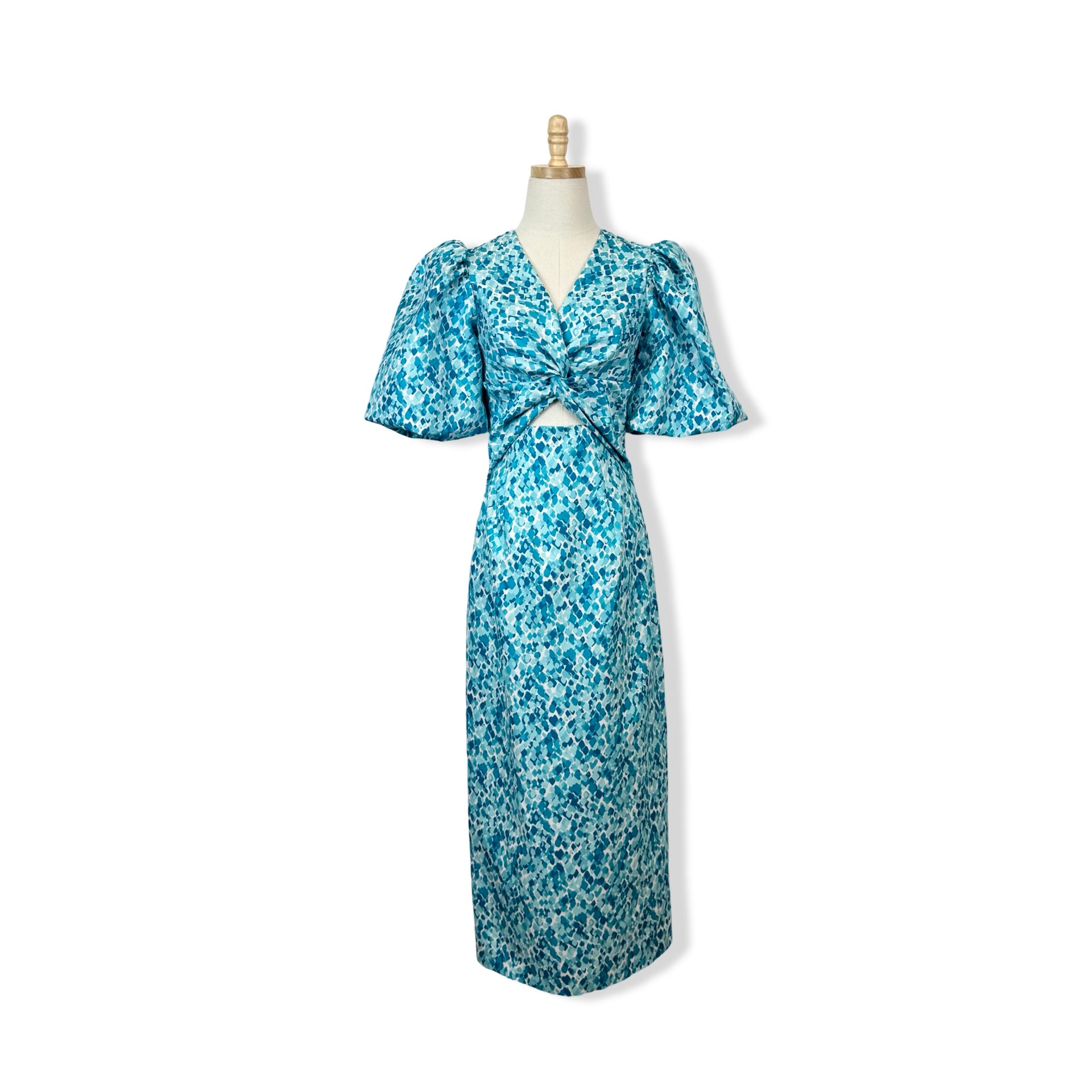 Exquise Blue Patterned Puff Sleeve Maxi Dress