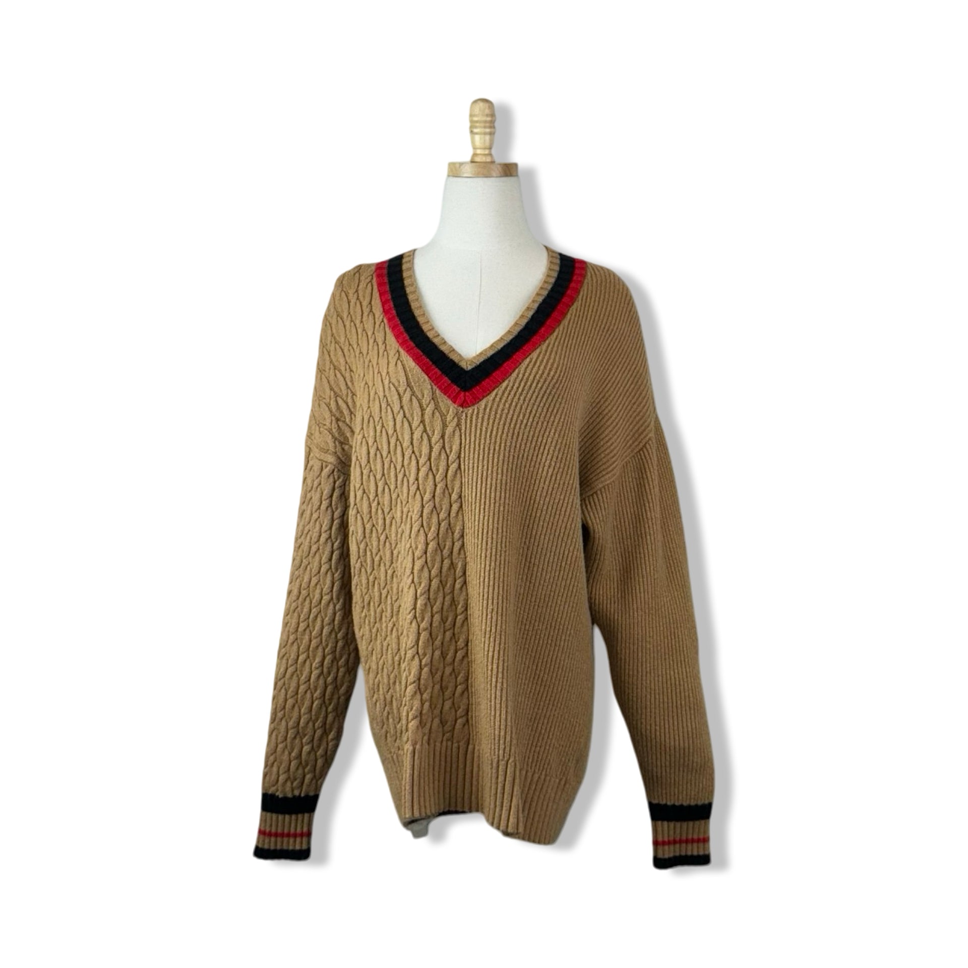 Nouveaux Cable Knit Striped V Neck Sweater