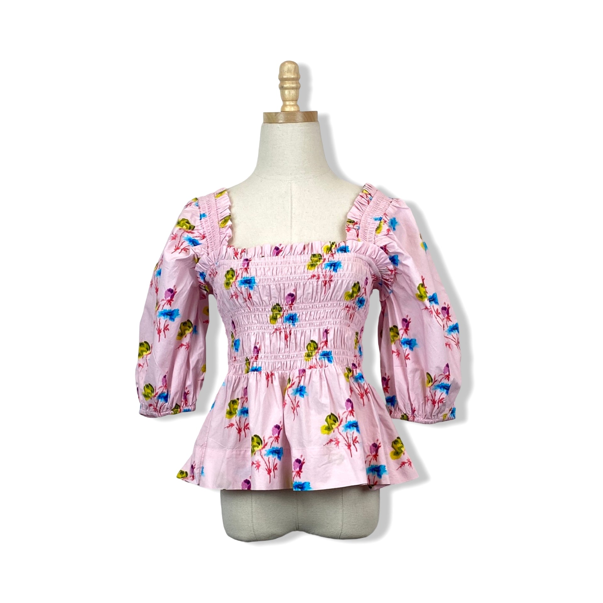 Ganni Floral Smocked Cotton Peplum Top