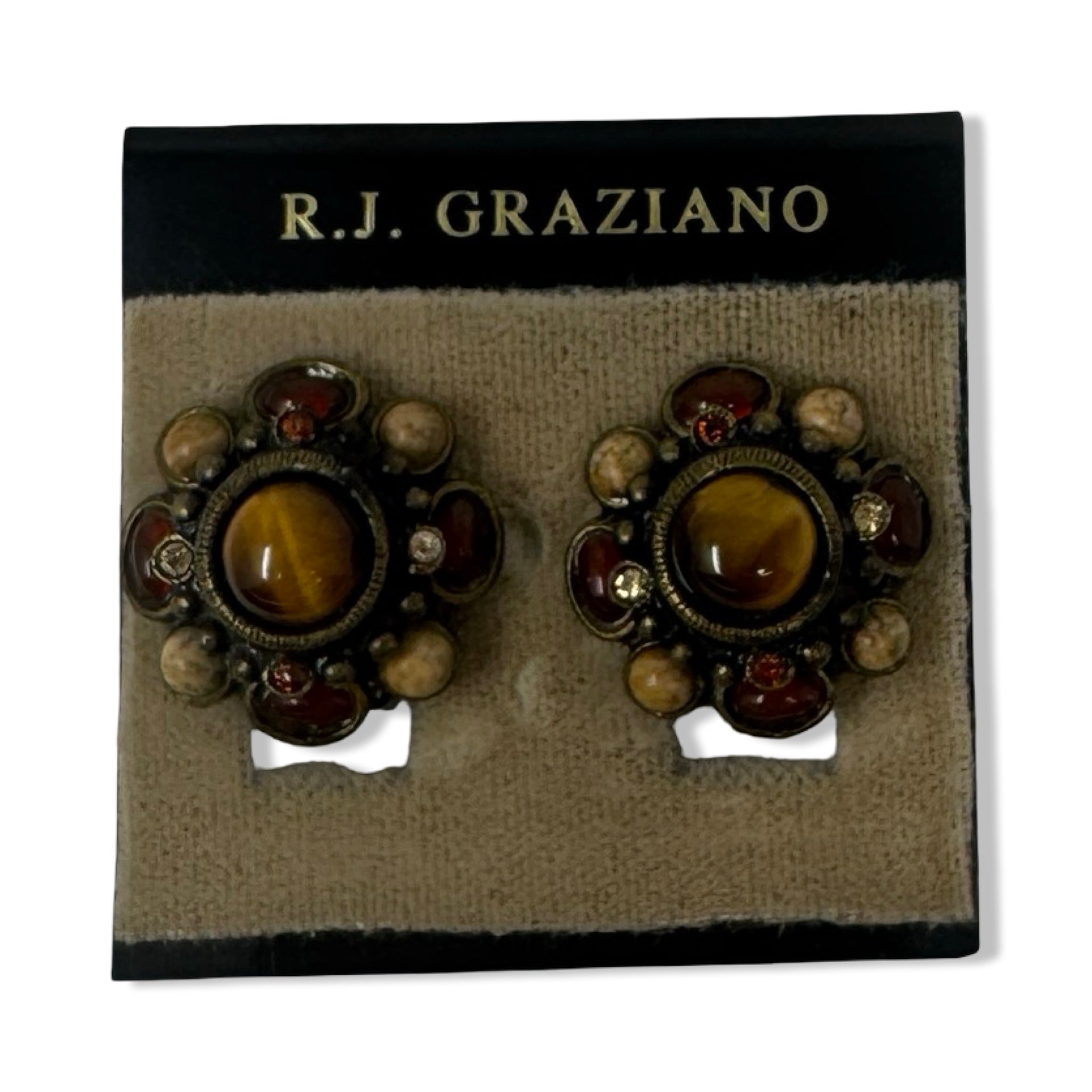 Vintage R.J. Graziano Tigers Eye Clip On Earrings