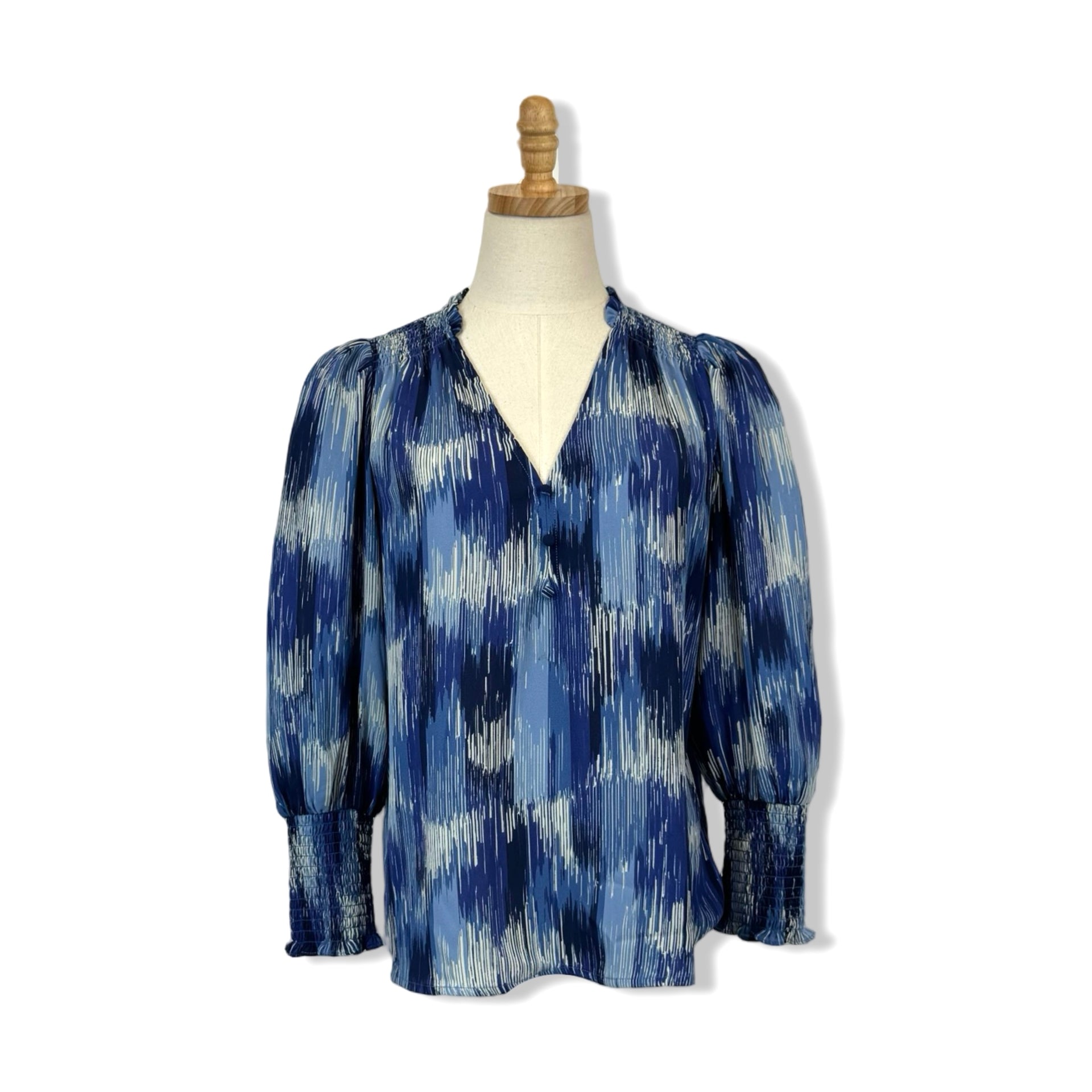 Aqua Patterned V-Neck Blouse