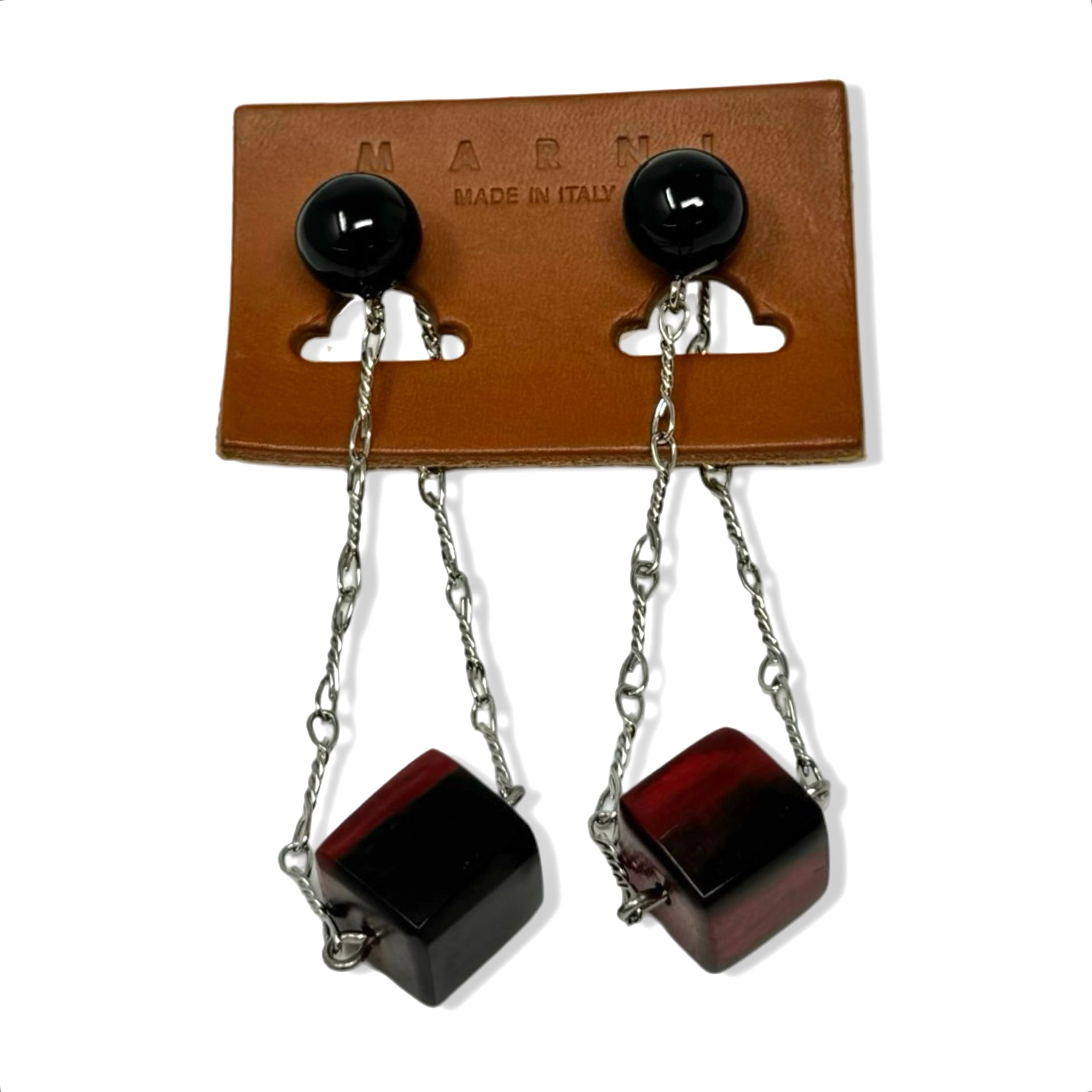 Marni Silver Chain Black Bead and Red Horn Earrings