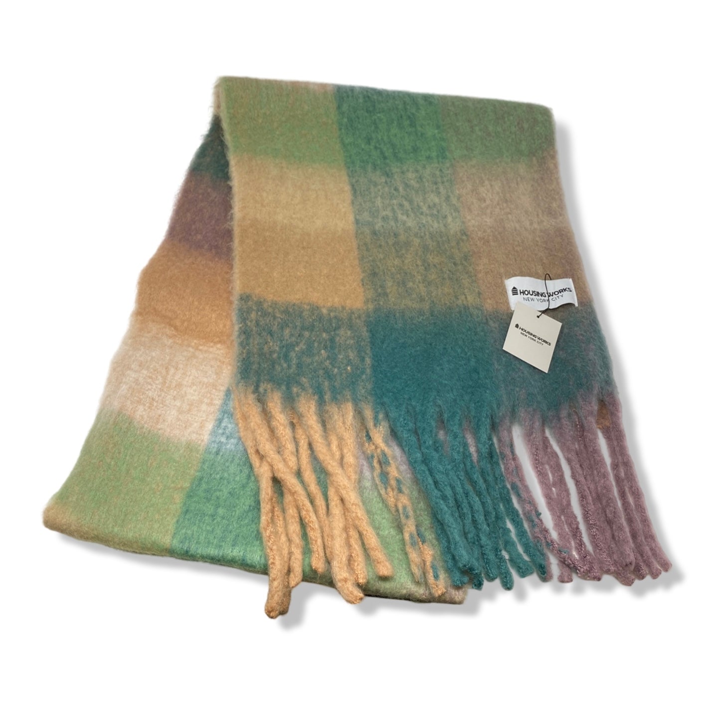 Housing Works Green and Beige Fringe Scarf