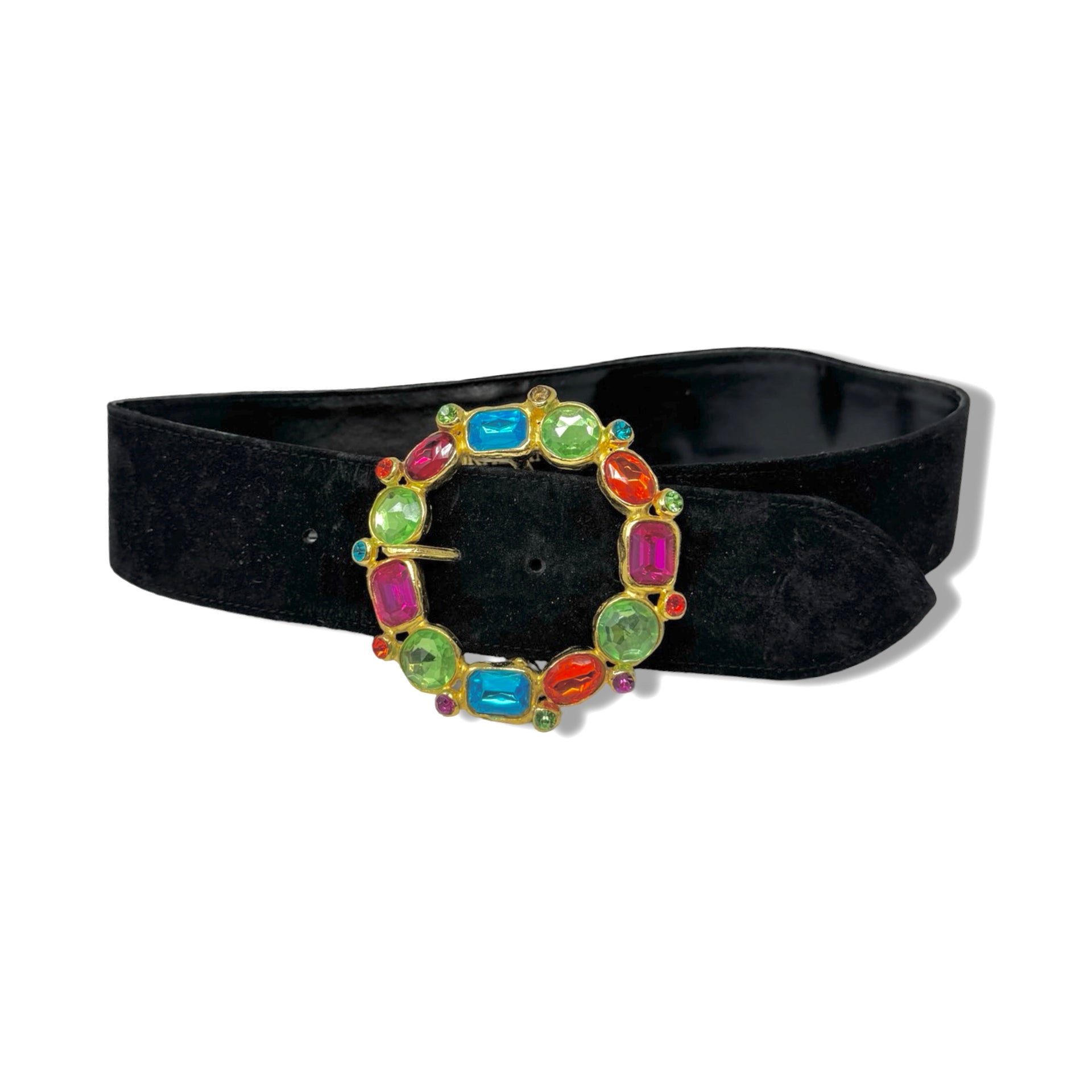 Vintage R.J. Graziano Velvet Round Multicolor Rhinestone Buckle Belt