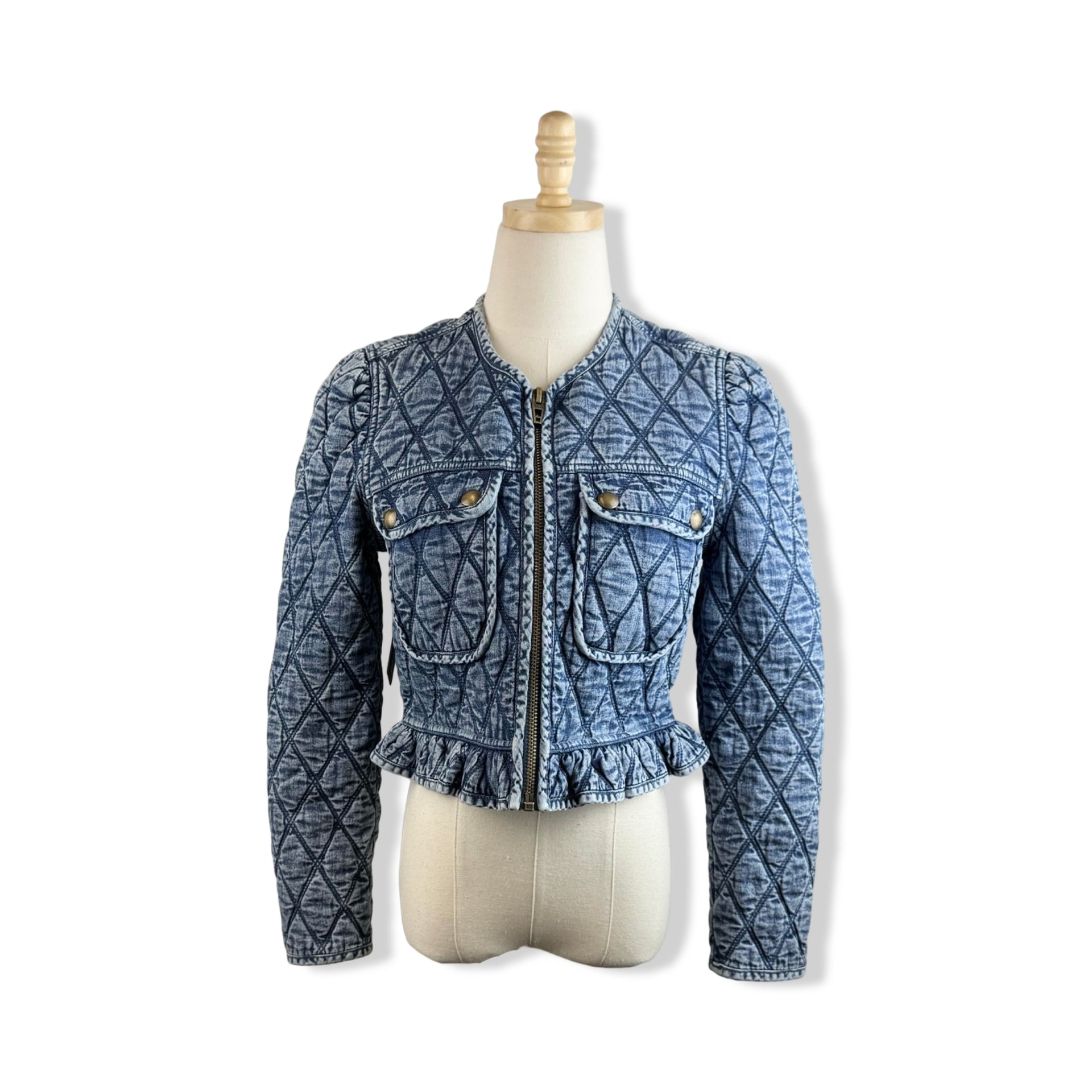 BLANKNYC Quilted Ruffled Denim Fitted Jacket