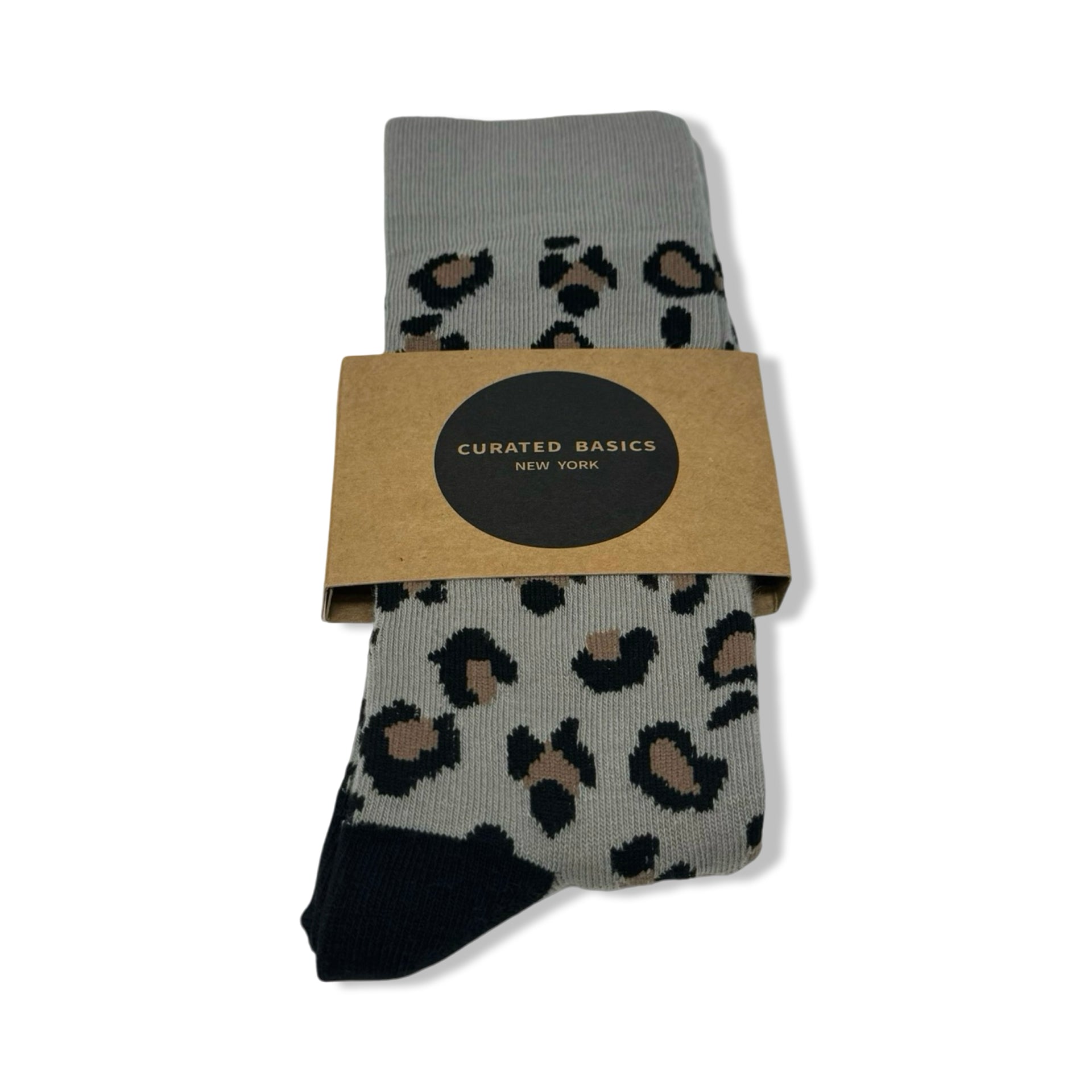 Curated Basics Gray Leopard Calf Socks