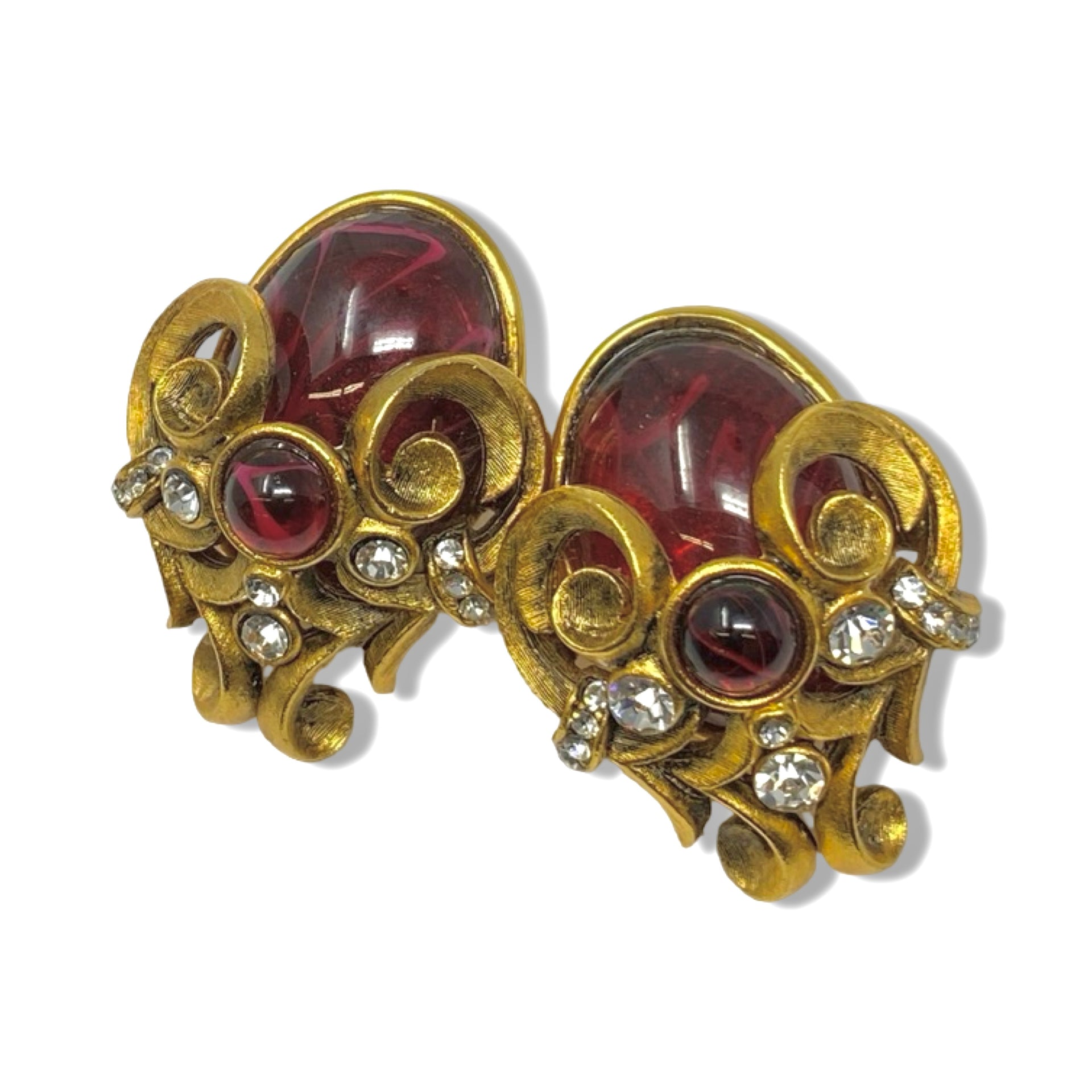 Filigree Rhinestone and Stone Clip On Earrings