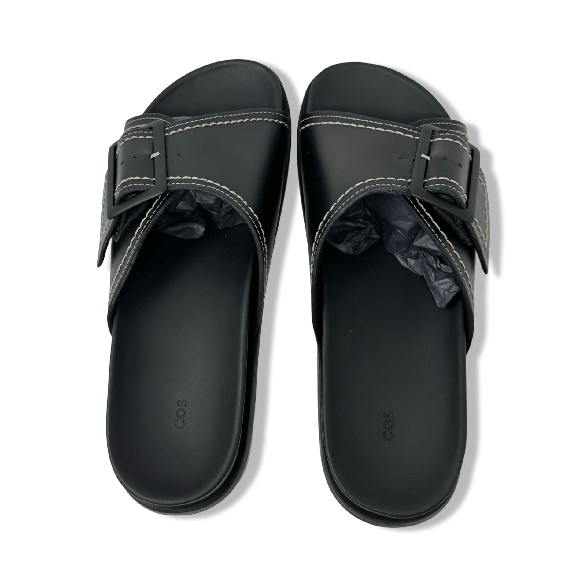 COS Contrast-Stitch Buckled Leather Slides