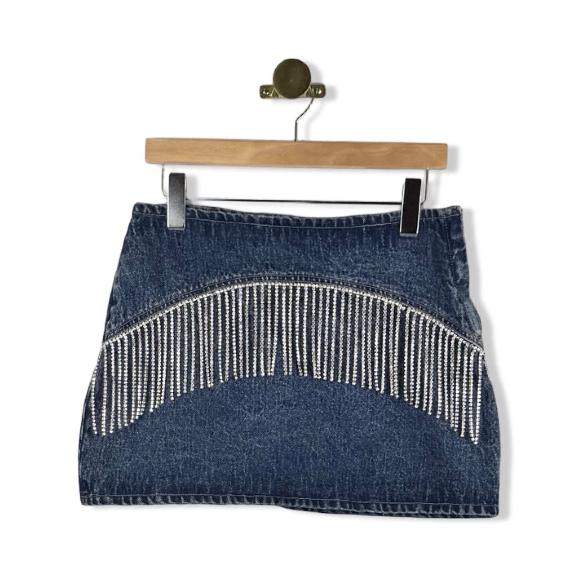 BLANKNYC Rhinestone Fringe Mini Denim Skirt