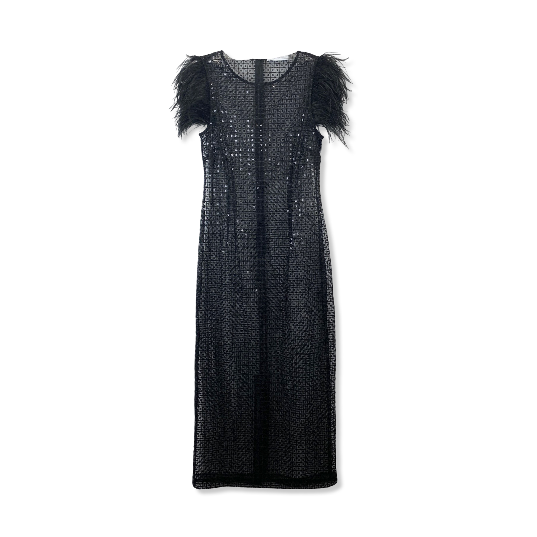 Likely Sheer Sequin Feather Sleeve Dress