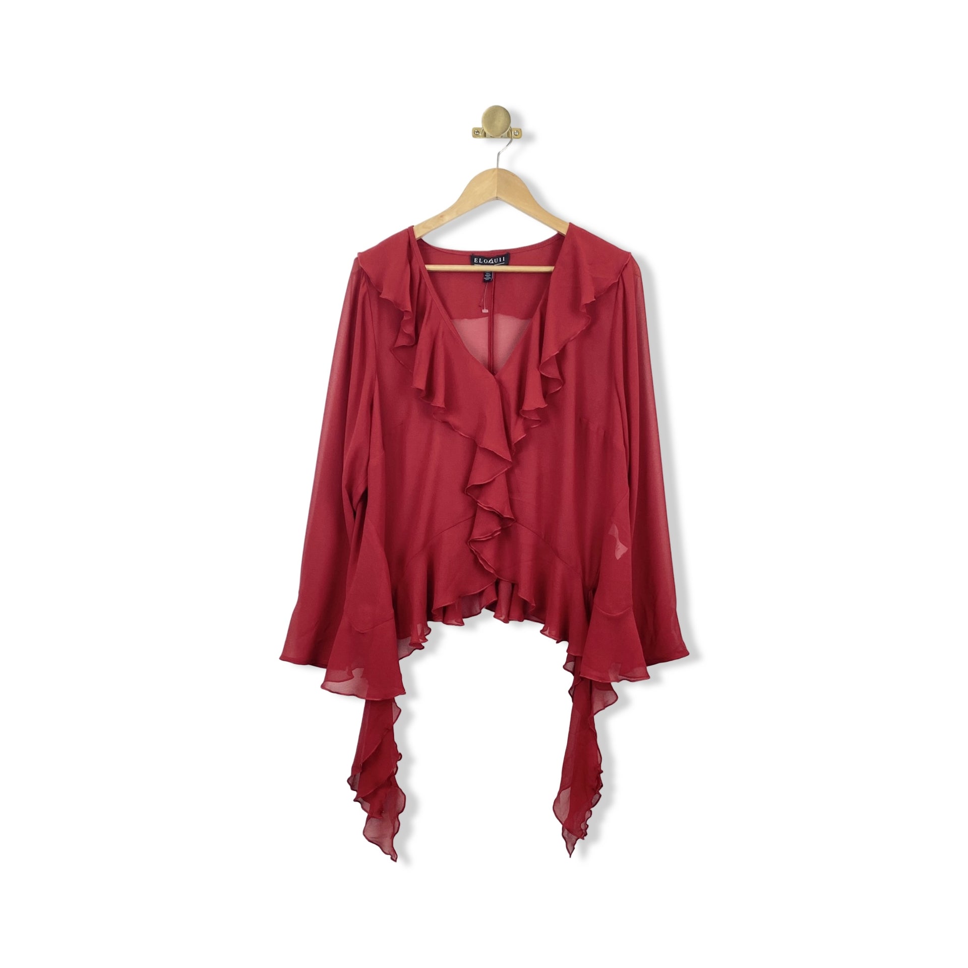 Eloquii Sheer Asymmetrical Ruffle Top