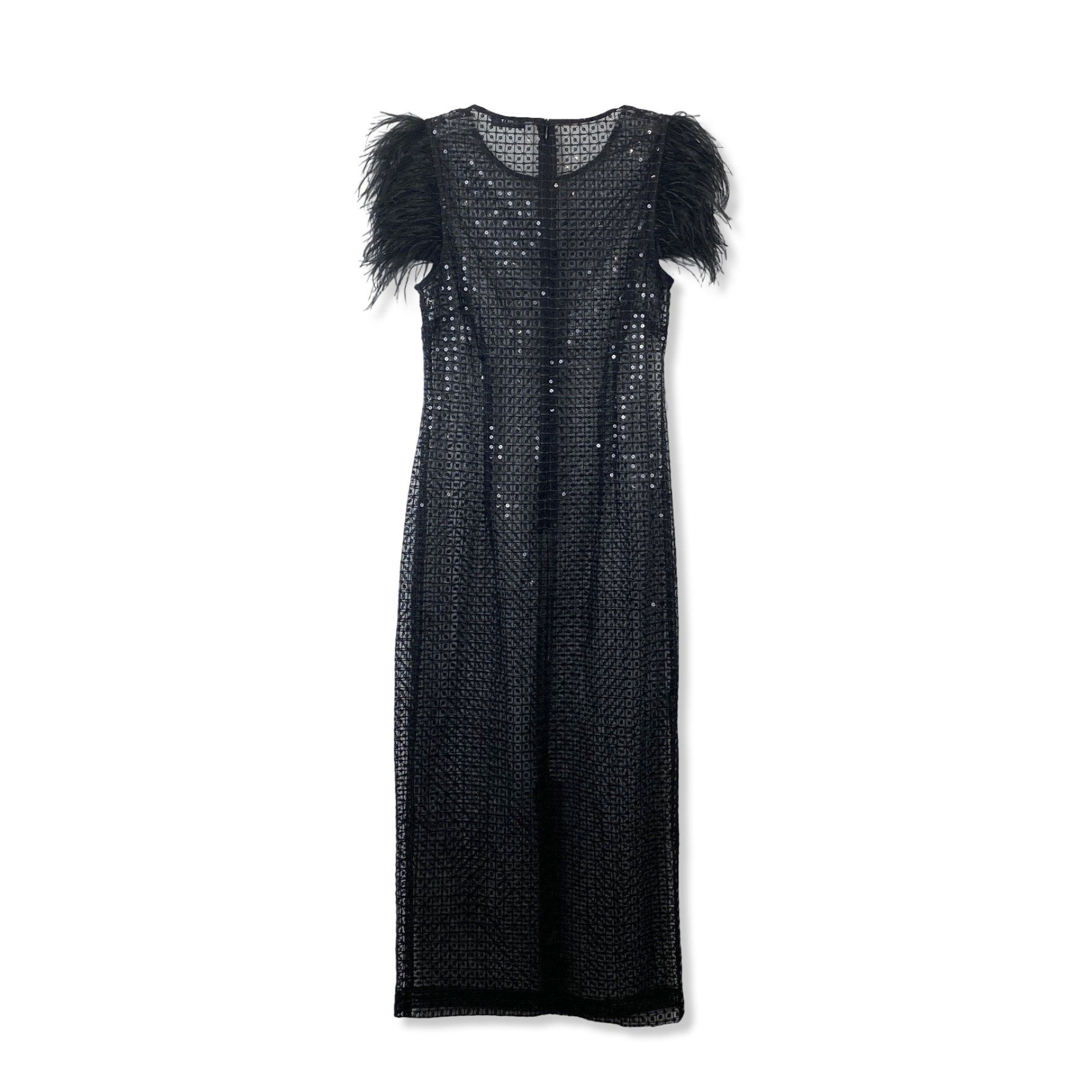 Likely Sheer Sequin Feather Sleeve Dress