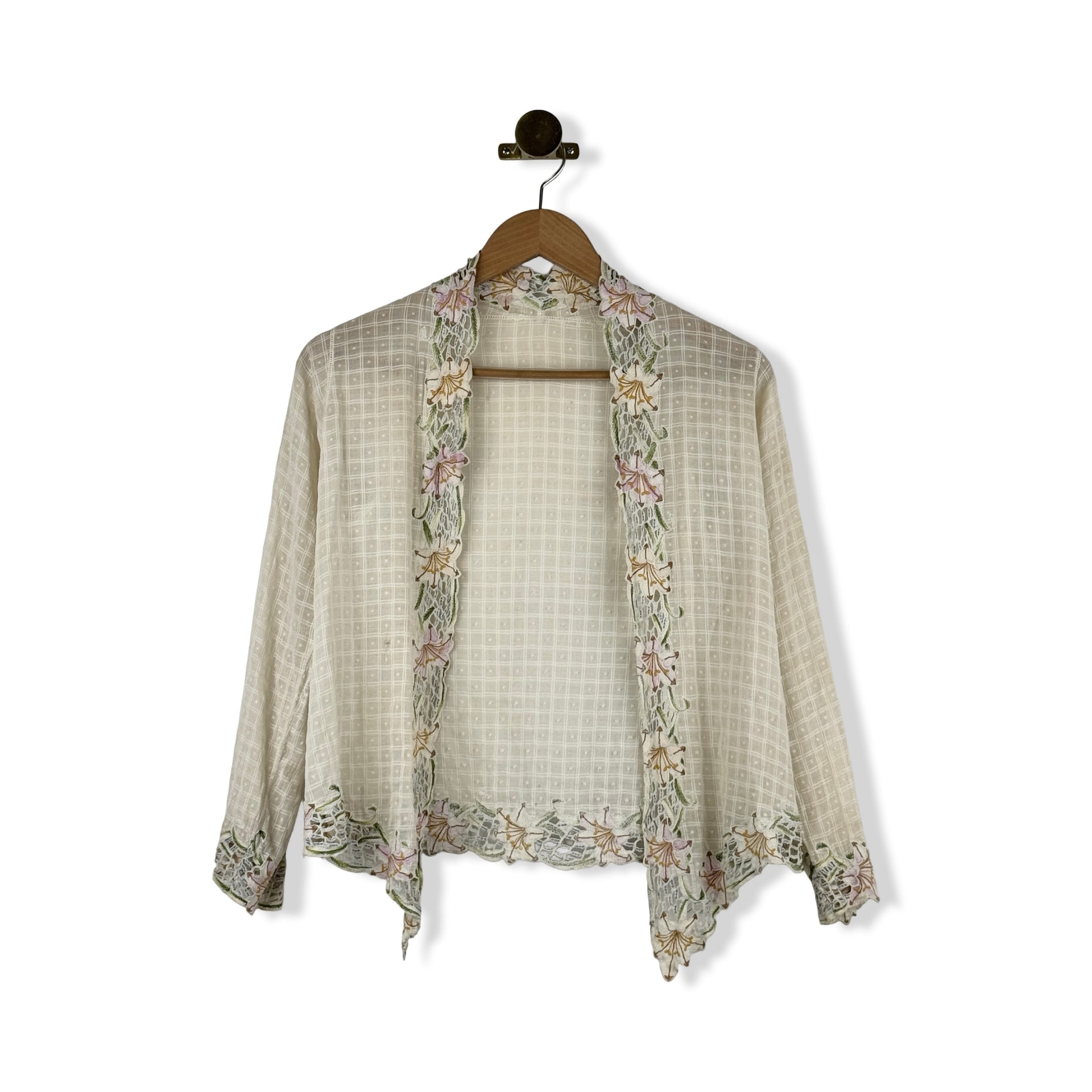 Vintage Open Front Floral Trim Cardigan