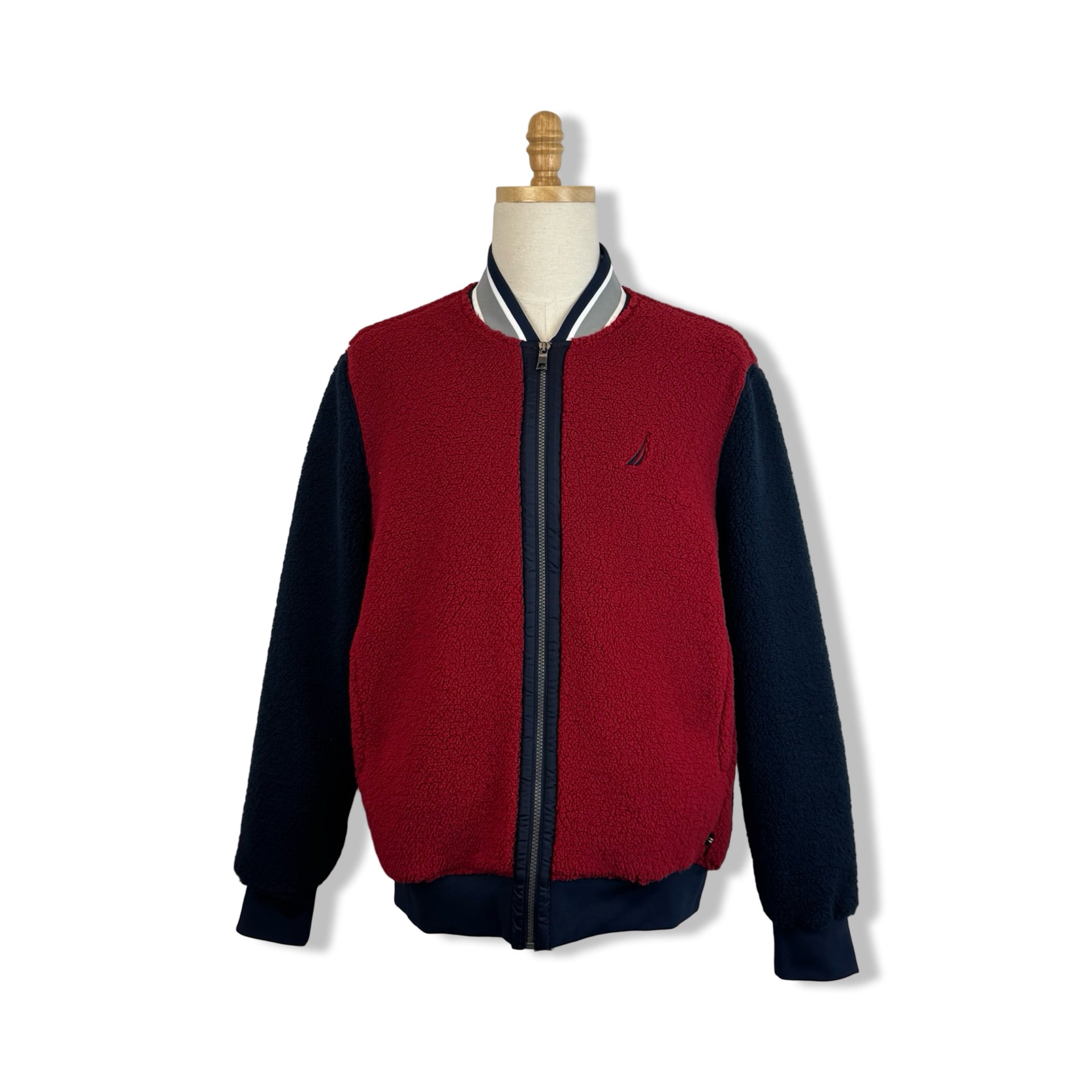 Nautica Faux Shearling Red Colorblock Zip Up Jacket