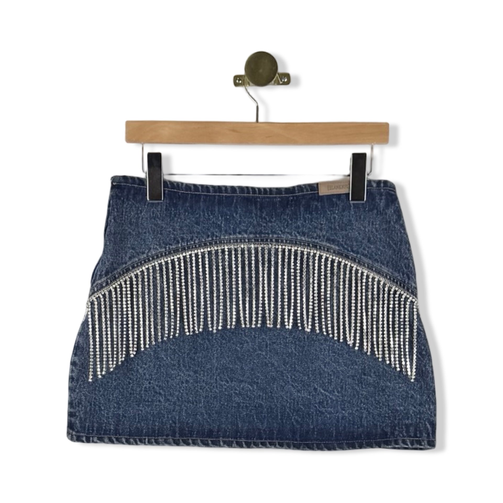 BLANKNYC Rhinestone Fringe Mini Denim Skirt