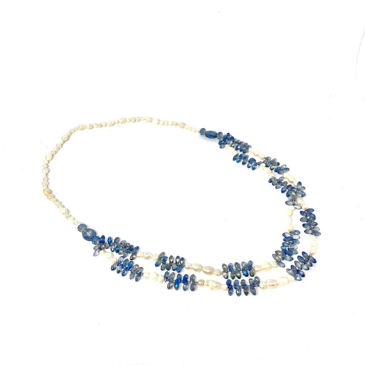 Faux Pearl and Blue Beads Necklace- Front