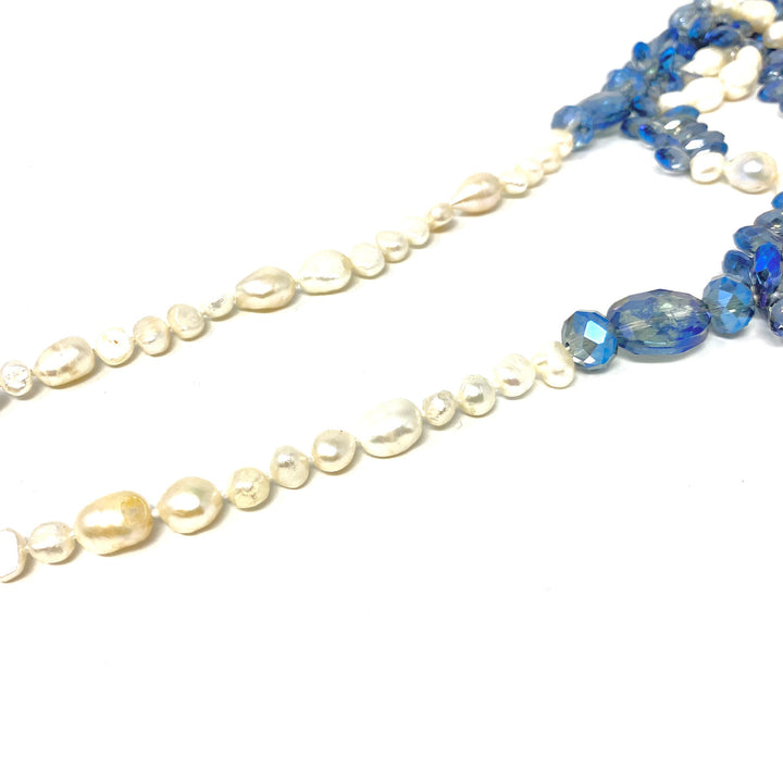 Faux Pearl and Blue Beads Necklace- Chain