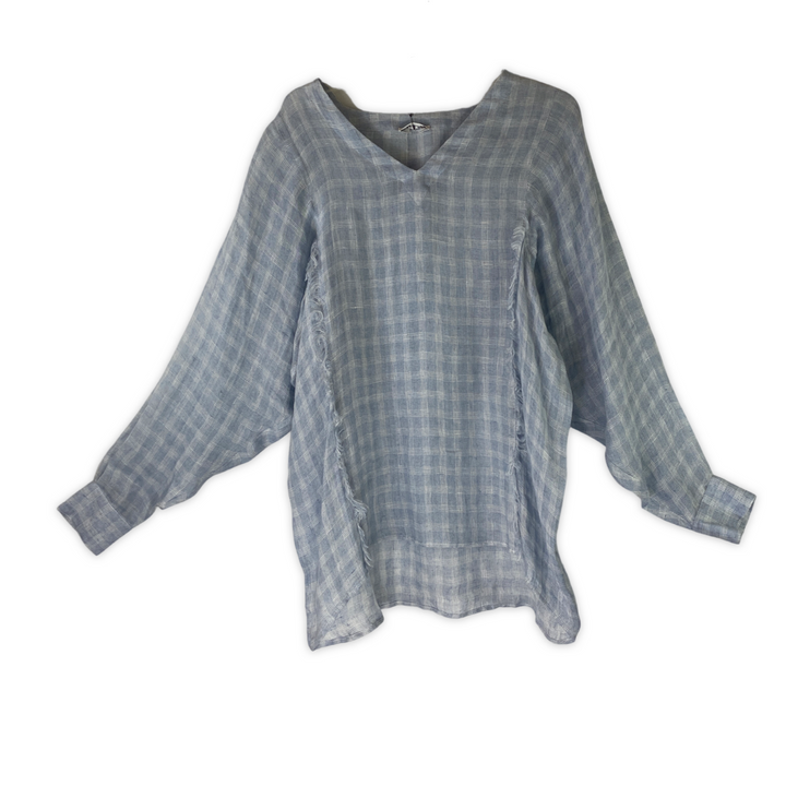 destin Frayed Seam Blue Plaid Linen Tunic-Thumbnail