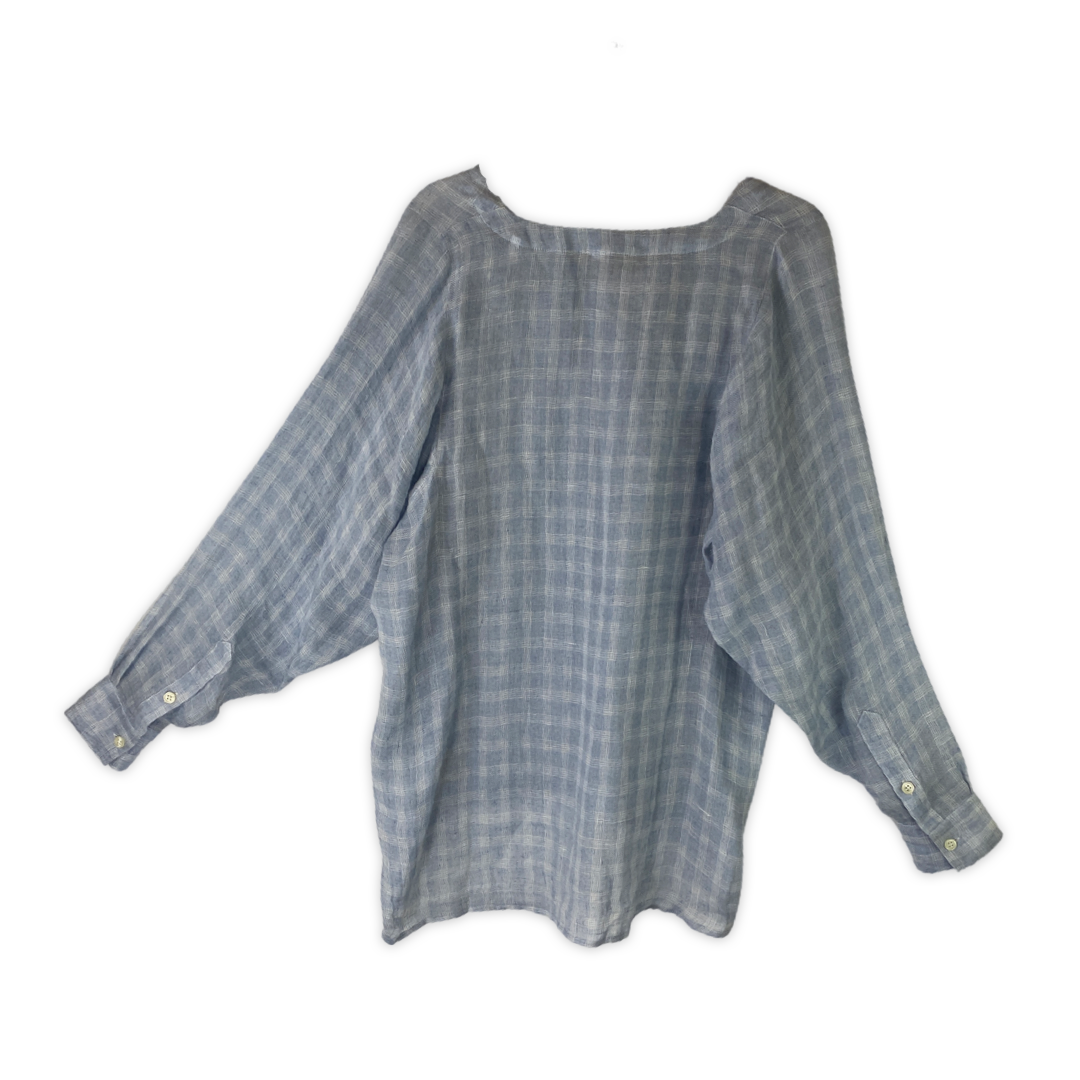 destin Frayed Seam Blue Plaid Linen Tunic-Back