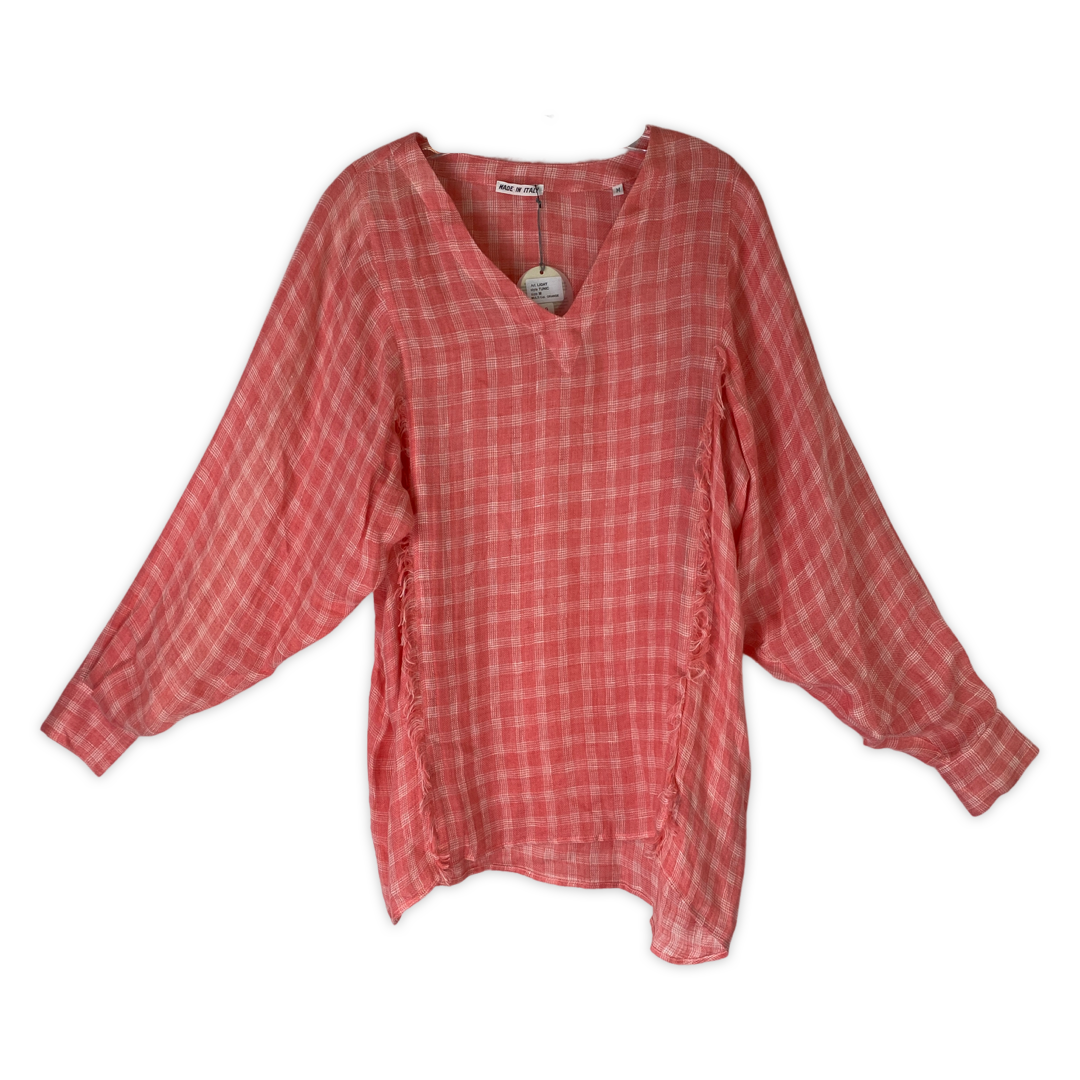 destin Frayed Seam Orange Plaid Linen Tunic-Thumbnail