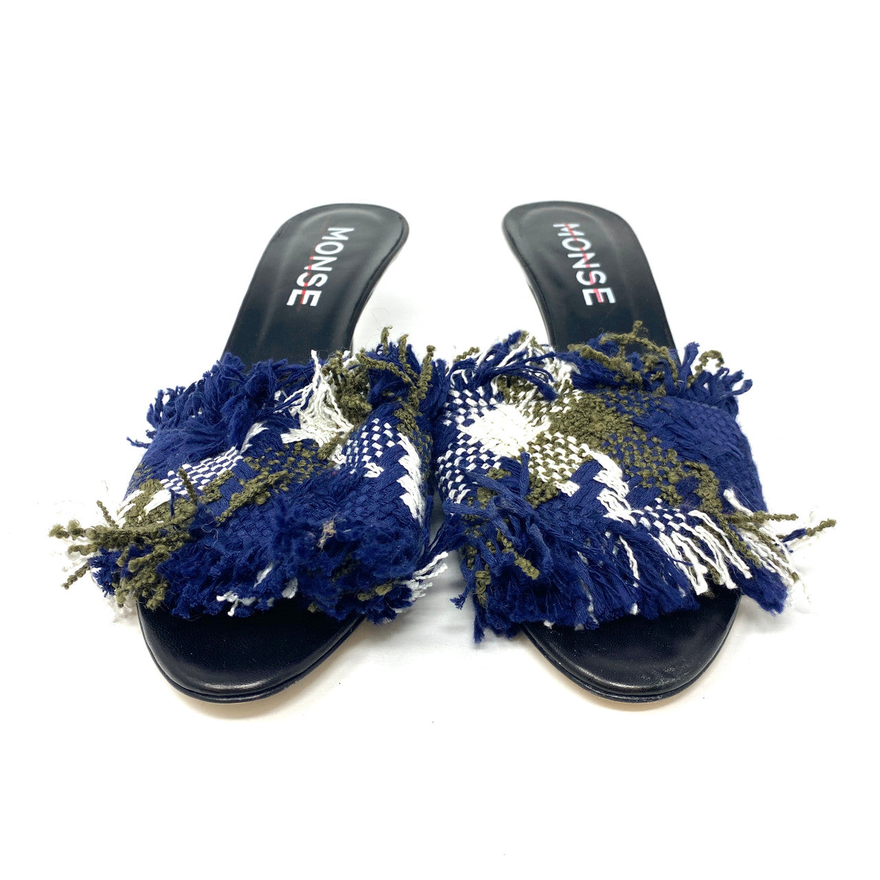 Monse Navy and Gray Frayed Tweed Slide Sandals-Front