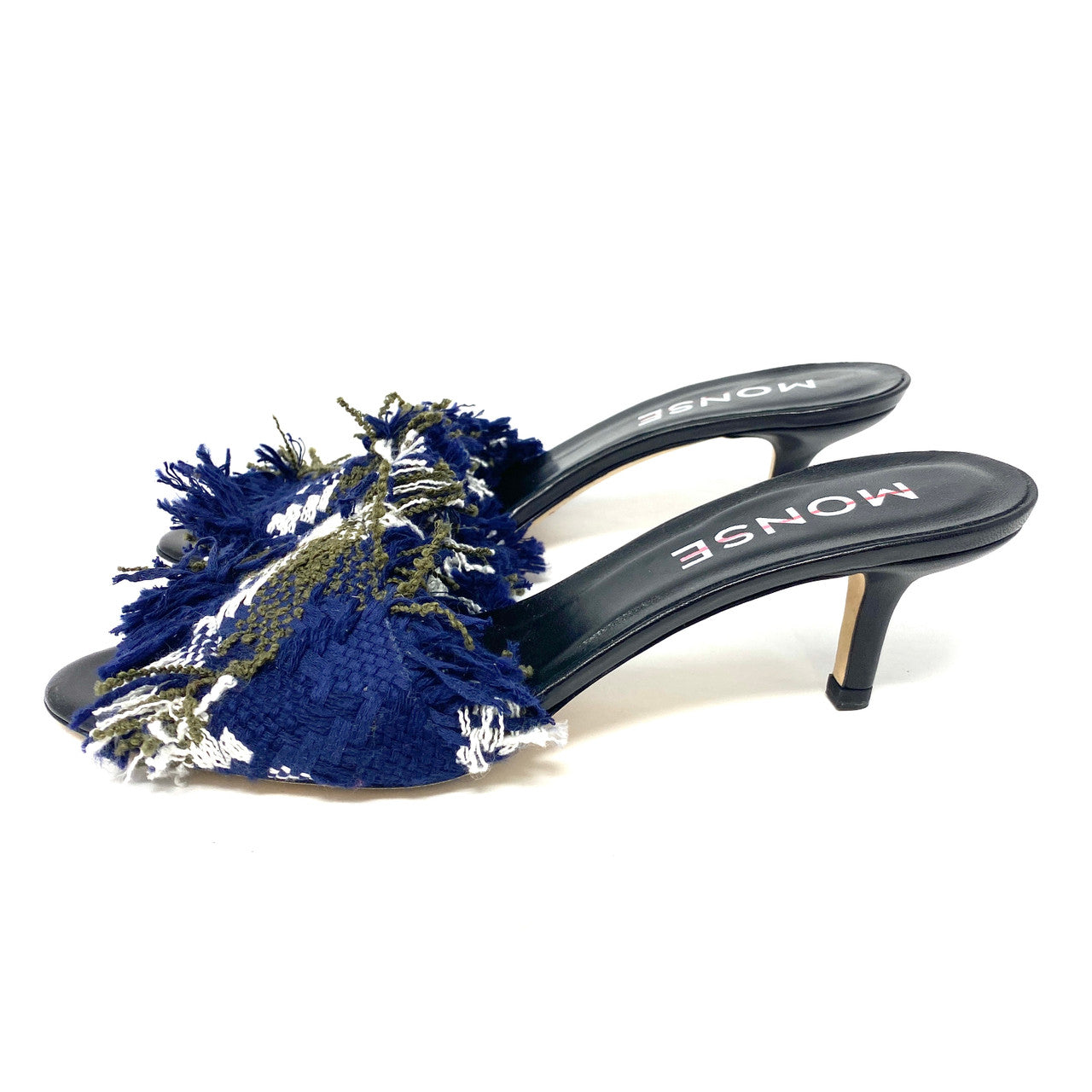 Monse Navy and Gray Frayed Tweed Slide Sandals-Side