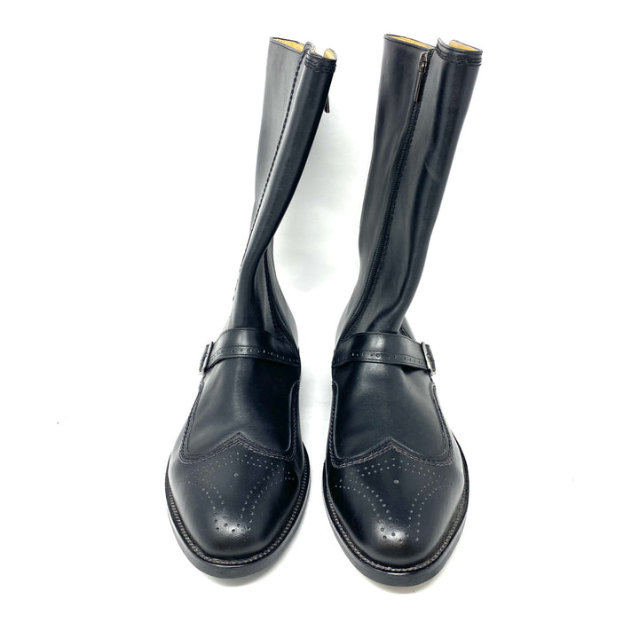Awl and Sundry Black Tall Brogued Boots-Front