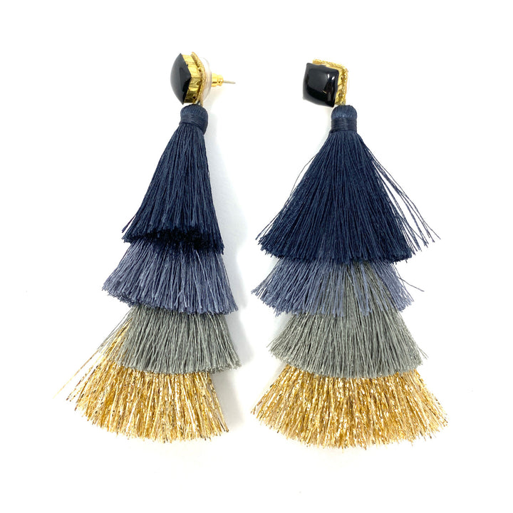 Deepa Gurnani Four Tier Tassel Earrings- Gray Straight