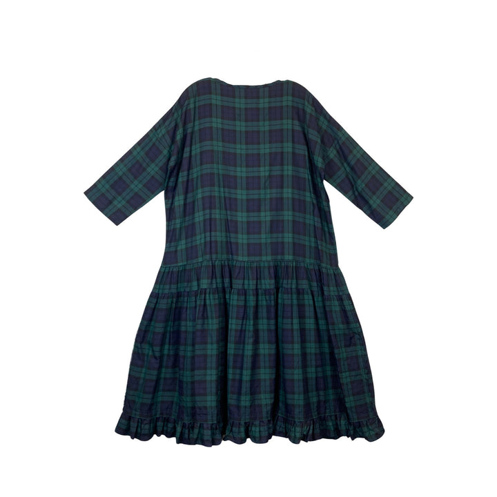 Ddue Plaid Round Neck Ruffled Dress-Back