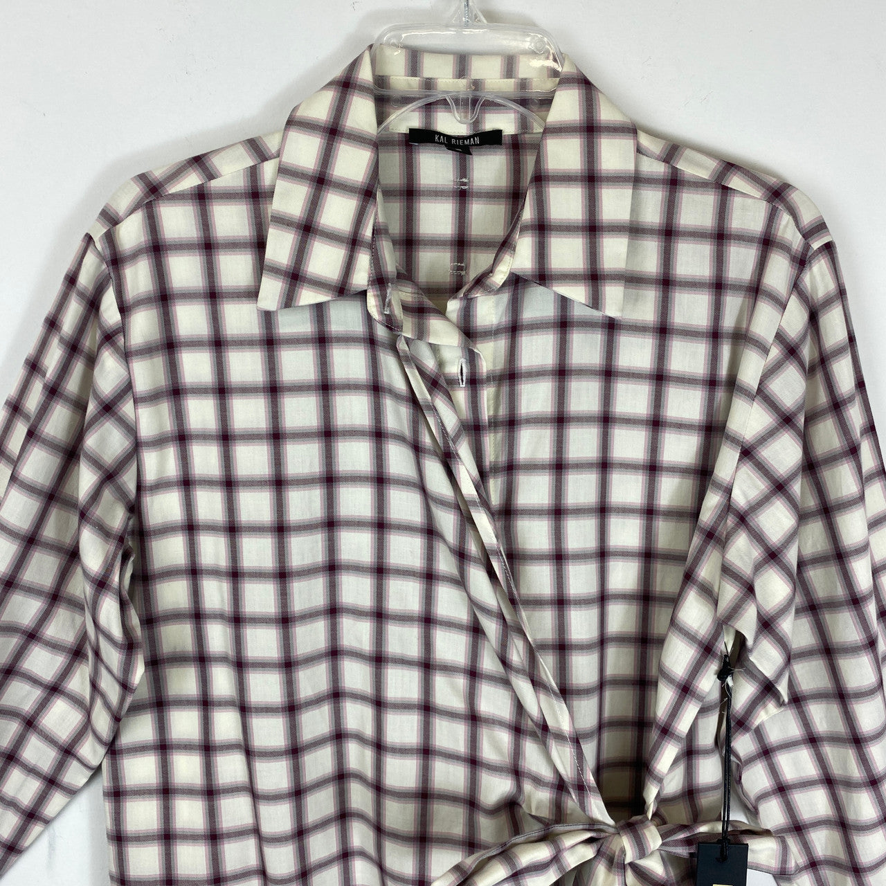 Kal Rieman Burgundy and Cream Brushed Plaid Wrap Shirt-Detail