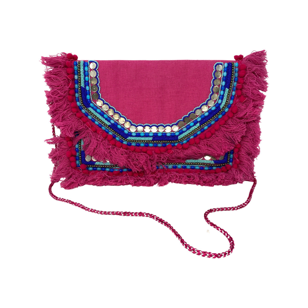 Pom Pom Detail Beaded Pink Bag-Thumbnail