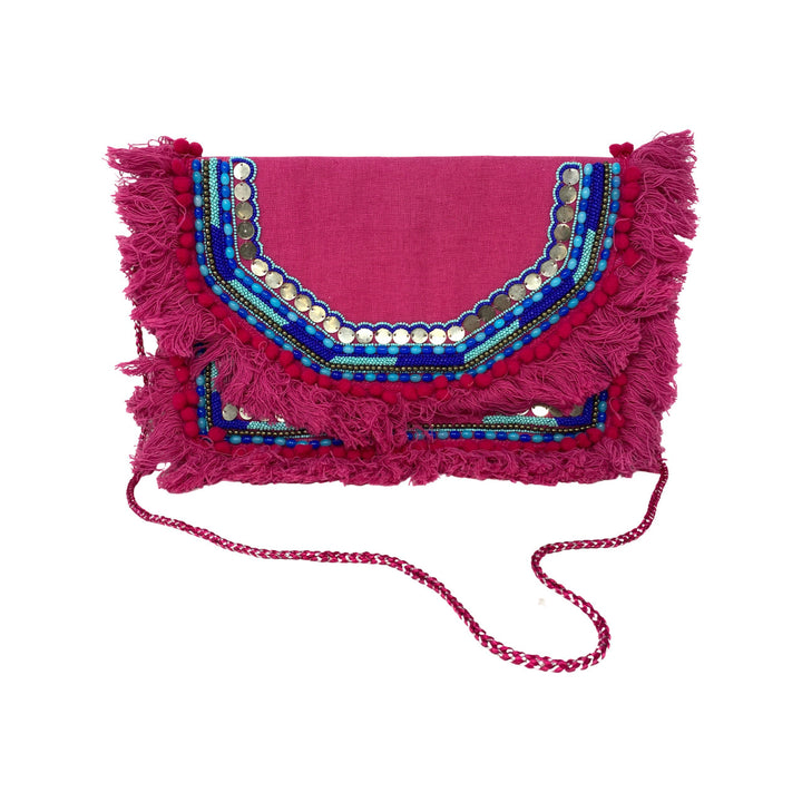 Pom Pom Detail Beaded Pink Bag-Thumbnail