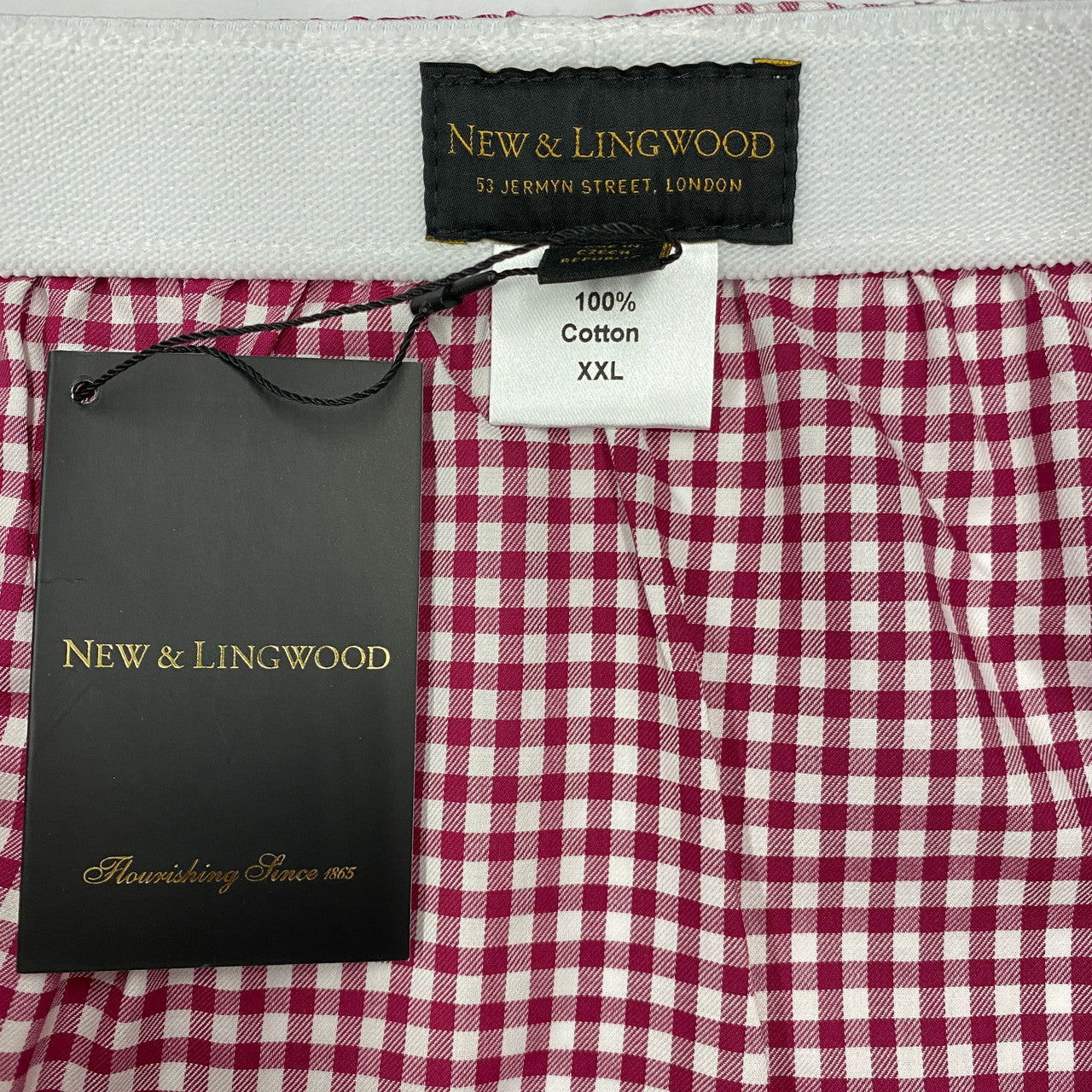 New & Lingwood Red and White Checkered Cotton Boxers-Label