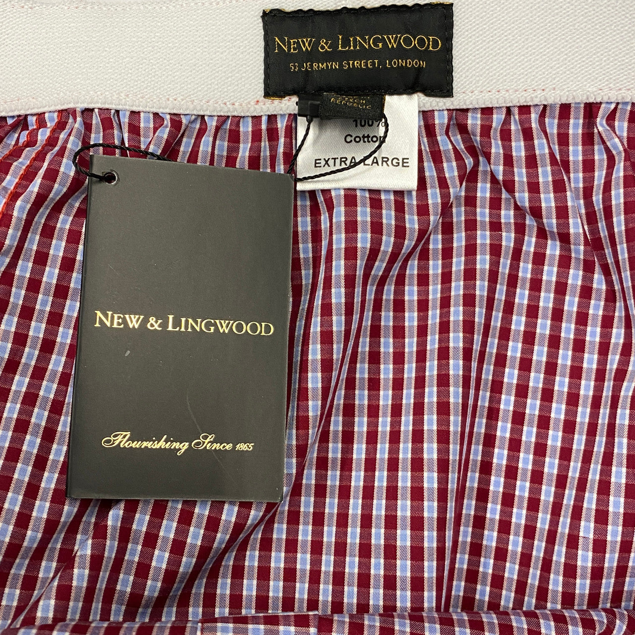 New & Lingwood Red and Blue Checkered Cotton Boxers-Label
