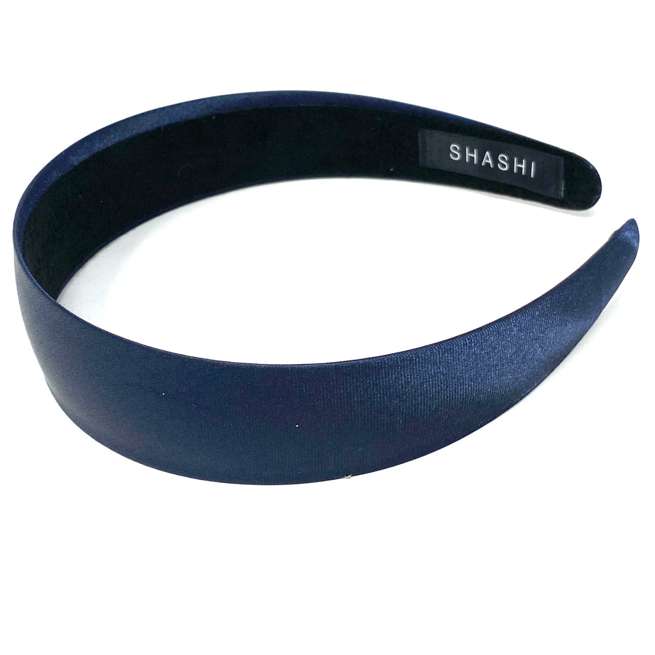 Shashi Navy Satin Headband- Label