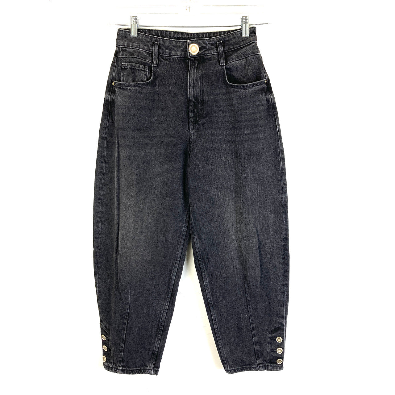 Zara Gray Barrel Leg Button Detail Jeans-Thumbnail