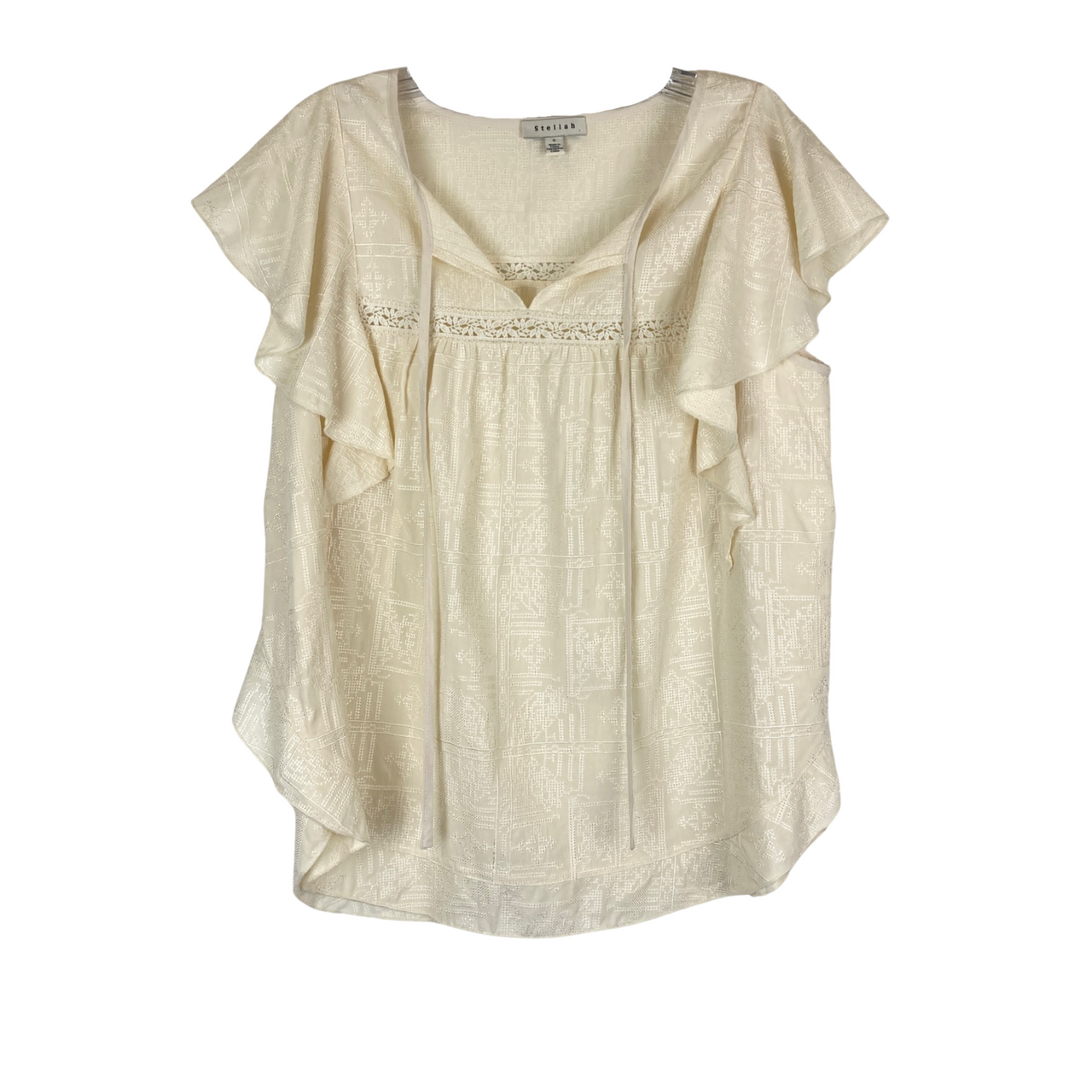 Stellah Ruffled Sleeve Neck Drawstring Top-beige front