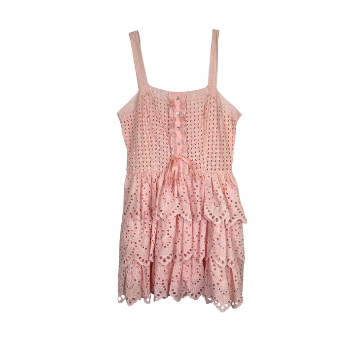 Stellah Lace Eyelet Ruffled Hem Dress-pink front