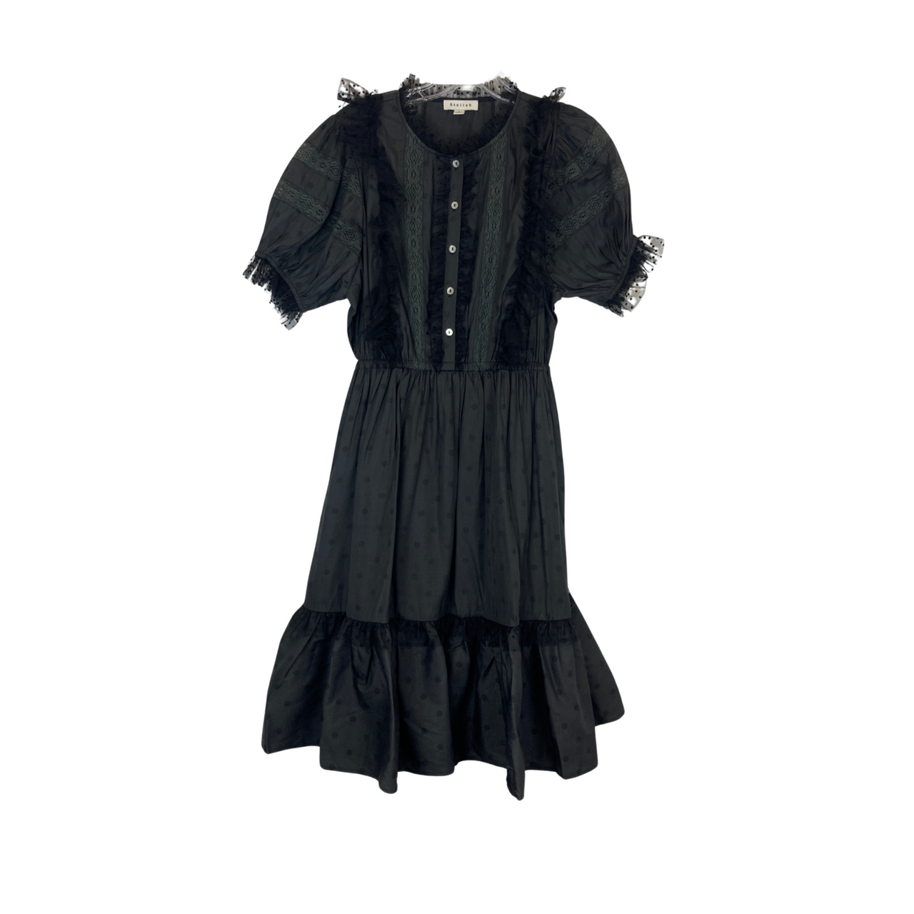 Stellah Polka Dot Short Sleeved Tulle Detail Dress-black front