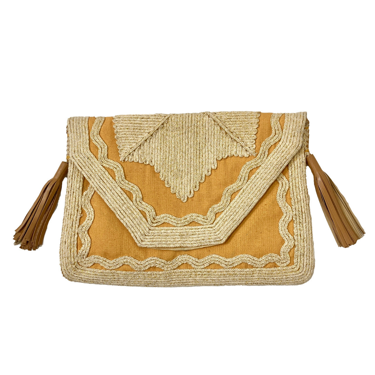 Shashi Tan Wavy Embroidery Clutch- Thumbnail