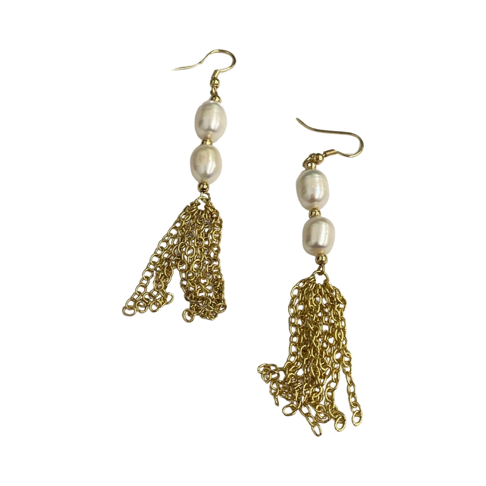 Iridiscent Pearl And Chain Tassel Earrings