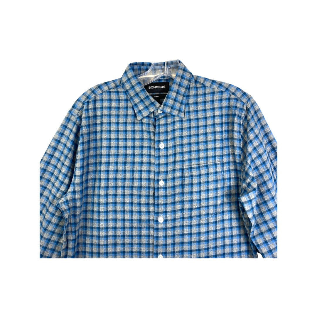 Bonobos Blue & Gray Howard Plaid Flannel Shirt-Detail