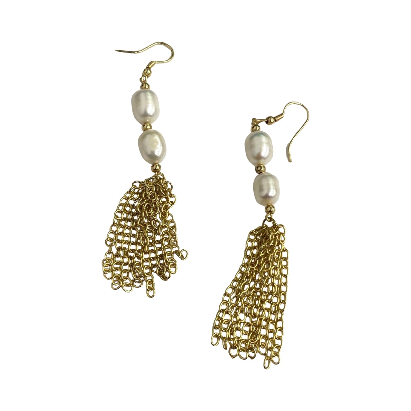 Iridiscent Pearl And Chain Tassel Earrings