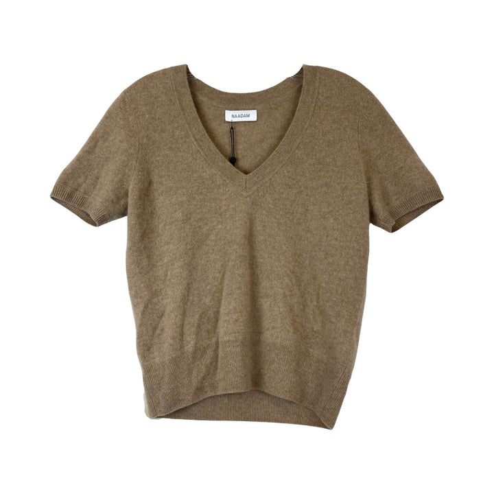 Naadam Cashmere Short Sleeve Cropped V-Neck Pullover-Brown Front