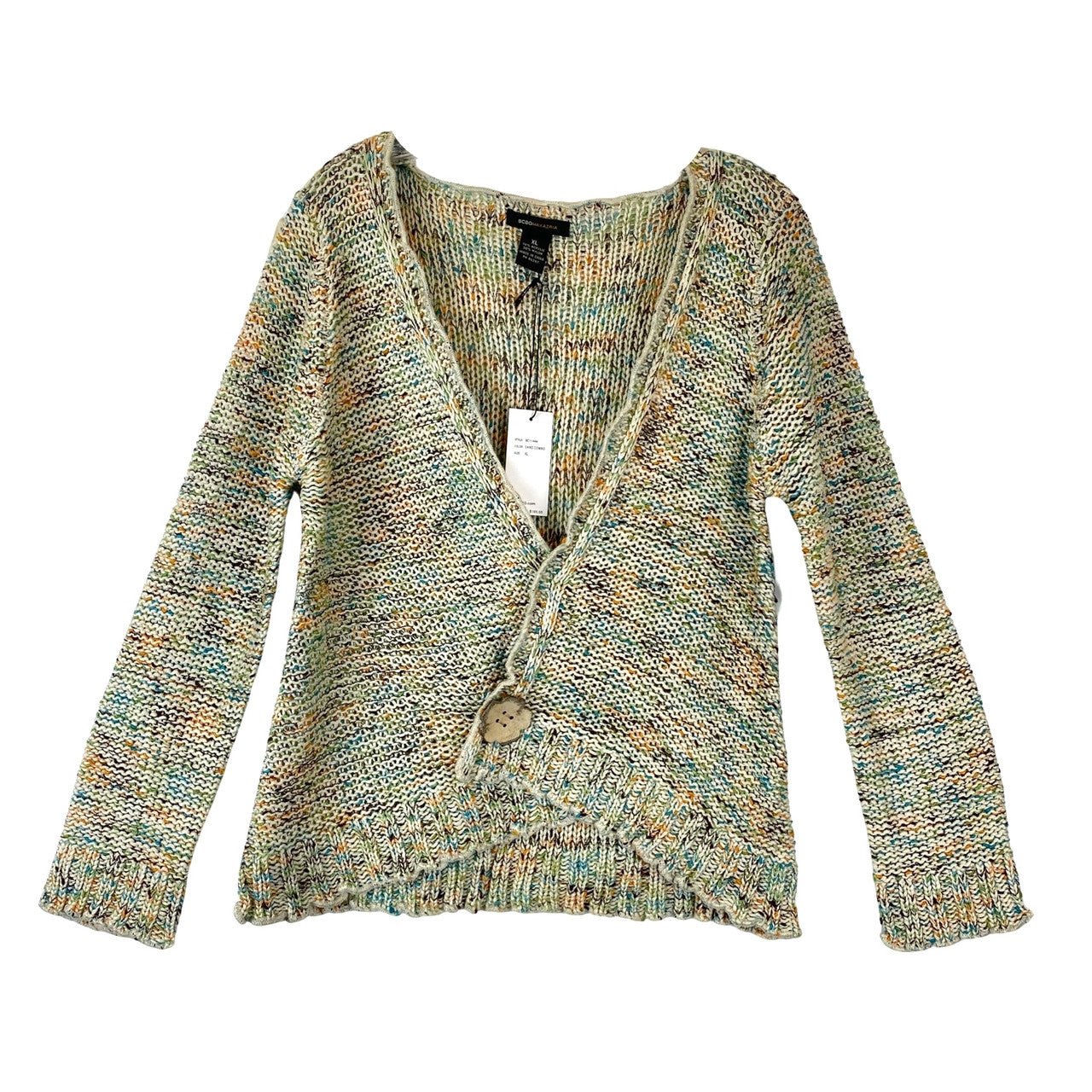 BCBGMAXAZRIA Beige Multicolored Buttoned Plunge Sweater