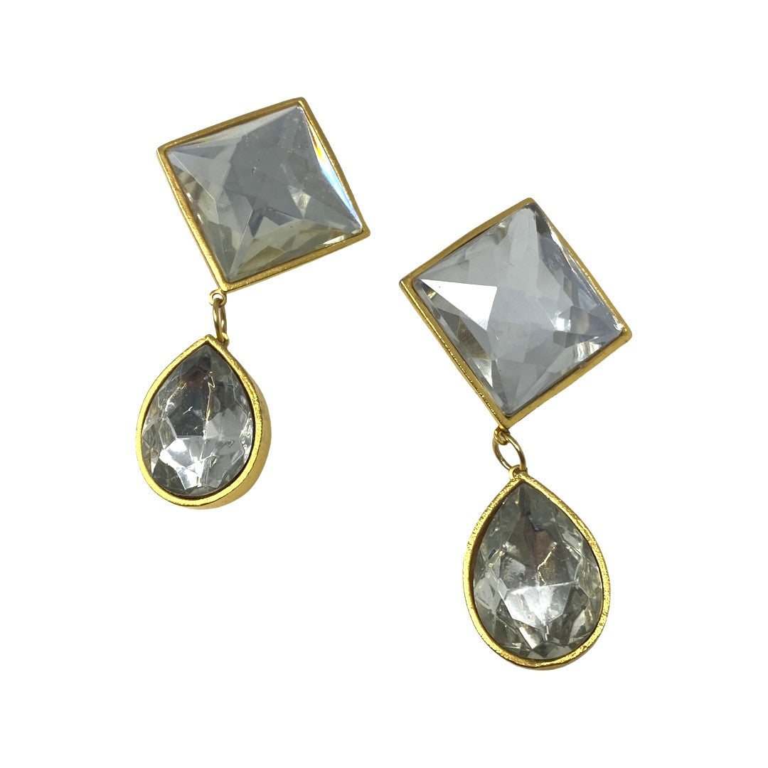 Clear Crystal Drop Clip On Earrings-Front