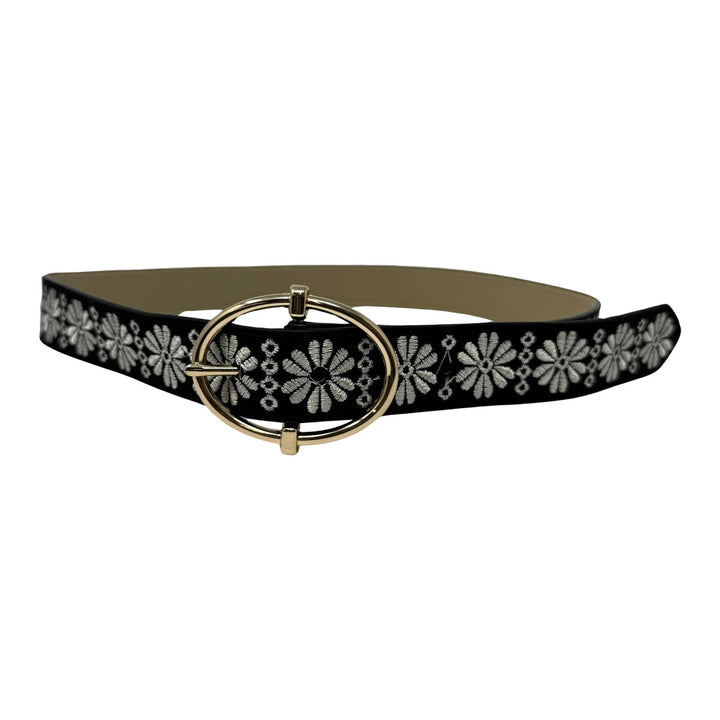 Linea Pelle Floral Embroidered Belt-Black Front