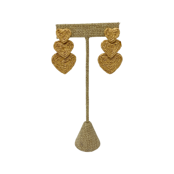 Shashi Isla Raffia Triple Heart Drop Earrings-Front